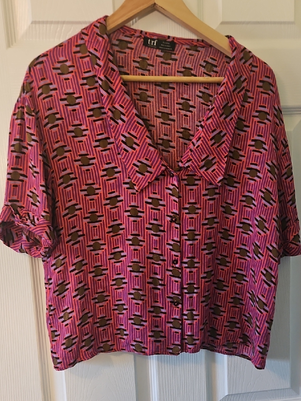 Zara Pink Geometric Short-Sleeve Button-Down Top